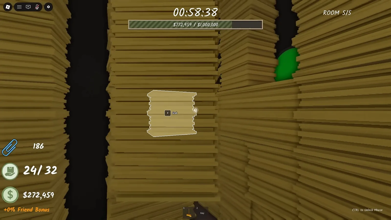 Green hidden button glowing between floor-to-ceiling paper columns in the Shred the Secrets button maze with the counter at 24 of 32 piles