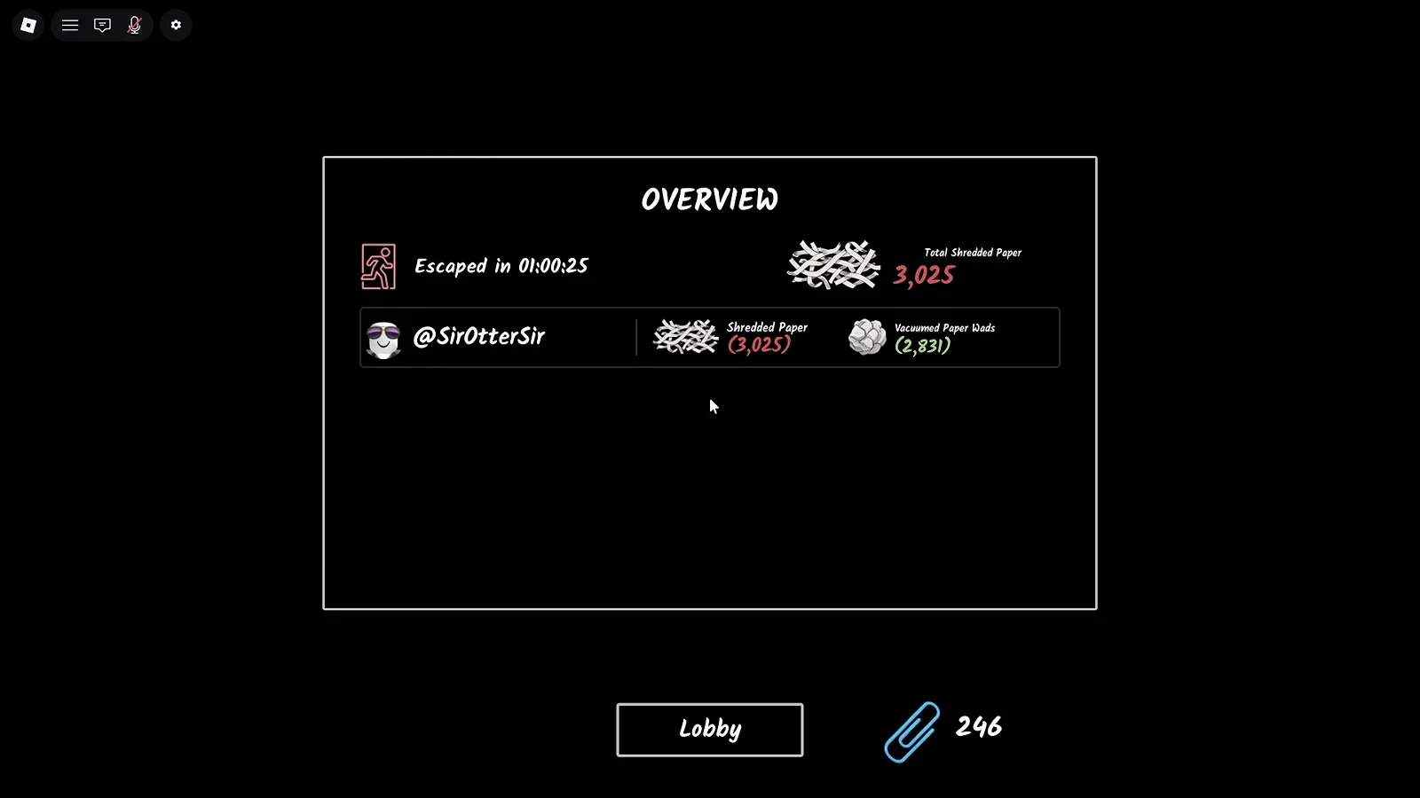 OVERVIEW results screen in Shred the Secrets showing Escaped in 01:00:25 with 3,025 shredded paper and 246 paper clips