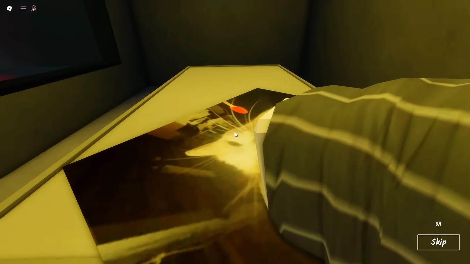 Golden secret document lying on a white table under a single hanging bulb in the Shred the Secrets Ending 1 side room