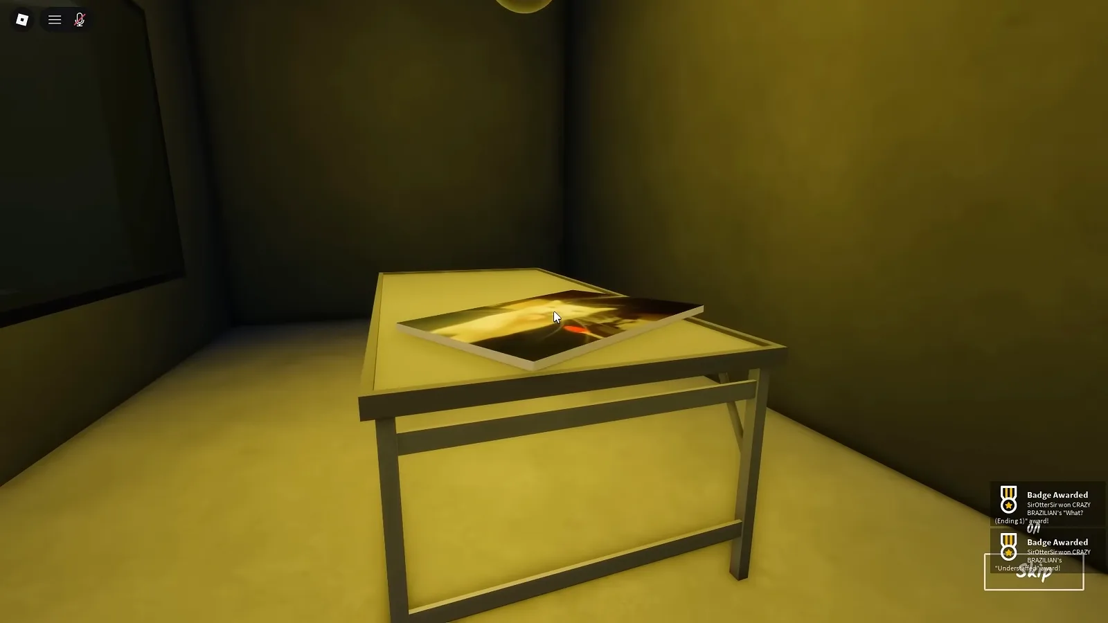 Badge Awarded toasts for the What? (Ending 1) badge popping as the player grabs the secret document in the Shred the Secrets side room