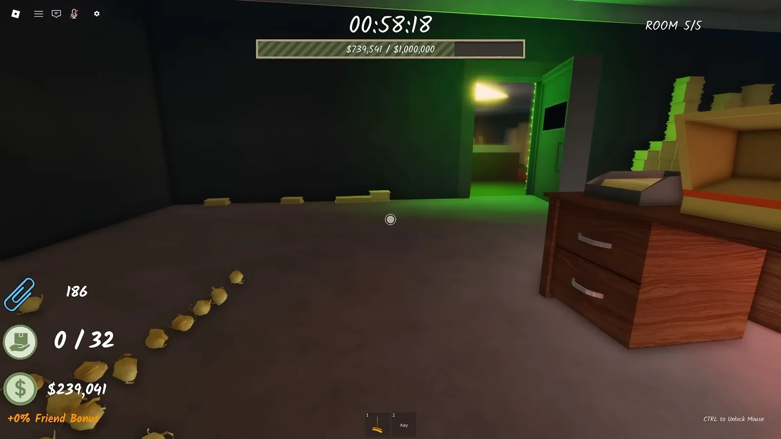 Unlocked bright green double door standing open in the dark stretch of the Shred the Secrets button maze after pressing all four hidden buttons