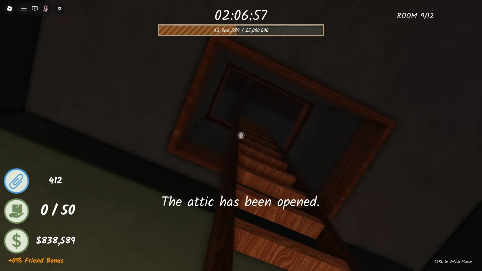 The attic has been opened announcement stretched over the dark attic stairwell in Shred the Secrets Room 9 right after the ladder repair
