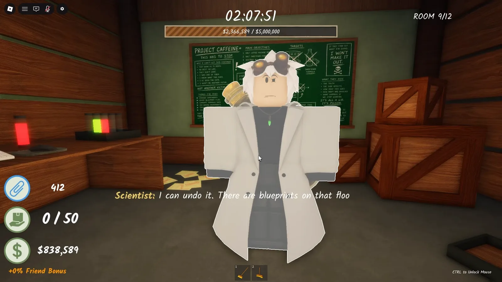 The Shred the Secrets Scientist asking for his blueprints, vital parts of the machine, in the attic quest dialogue under the PROJECT CAFFEINE board