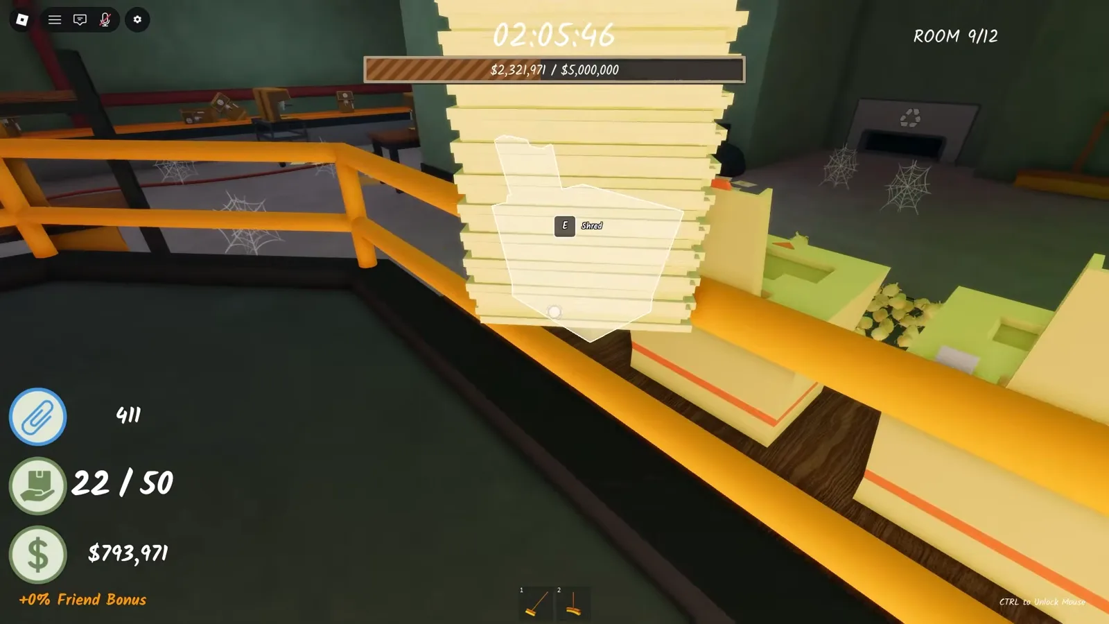 The broken yellow attic ladder hanging above the catwalk in Shred the Secrets Room 9 with a cobweb on the railing and a paper tower below