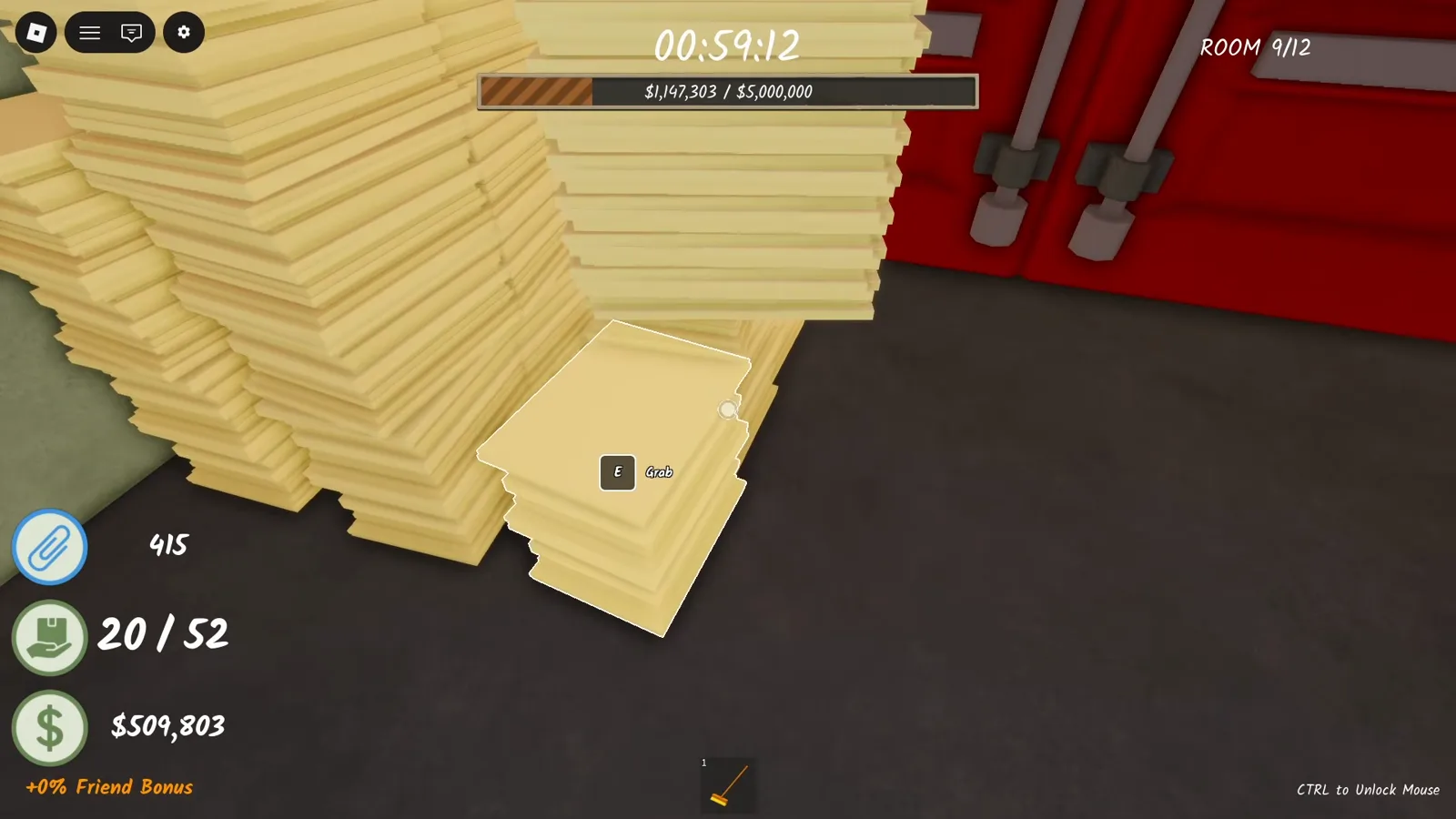 The Shred the Secrets document counter at 20 of 52 in Room 9 above the dark stairwell leading down to the red blast door