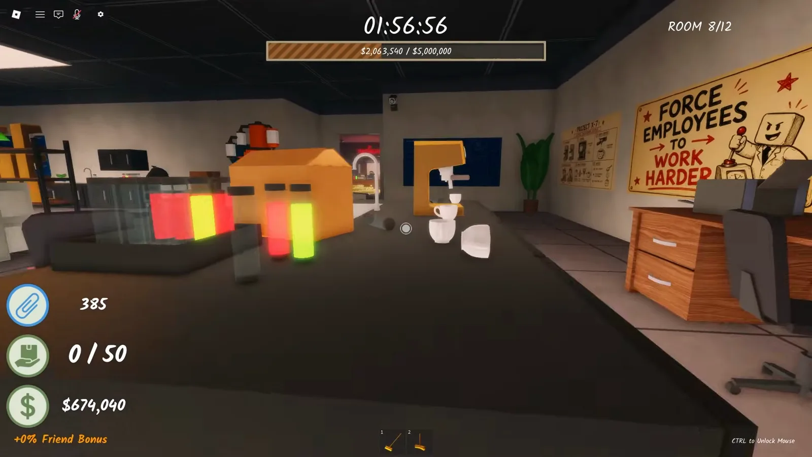 The dark Room 9 entrance lounge in Shred the Secrets with vending machines, a FORCE EMPLOYEES poster and the HUD still reading ROOM 8 of 12 under a five million dollar goal bar