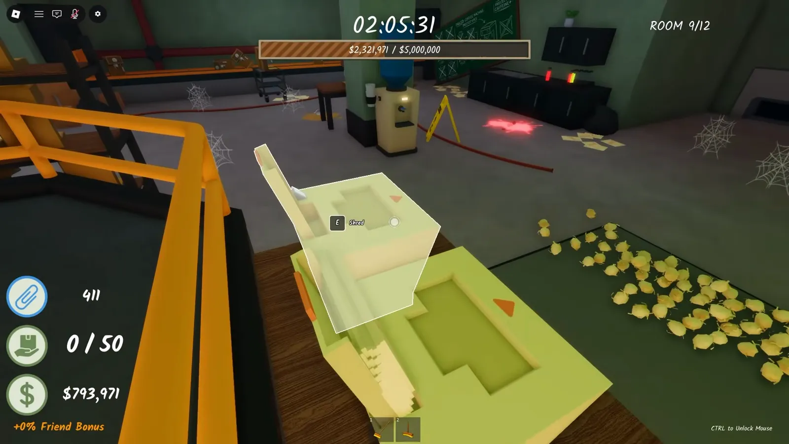 Shredding a paper tower on the green-lit floor of Shred the Secrets Room 9 with the yellow catwalk railing, cobwebs and the document counter at 0 of 50