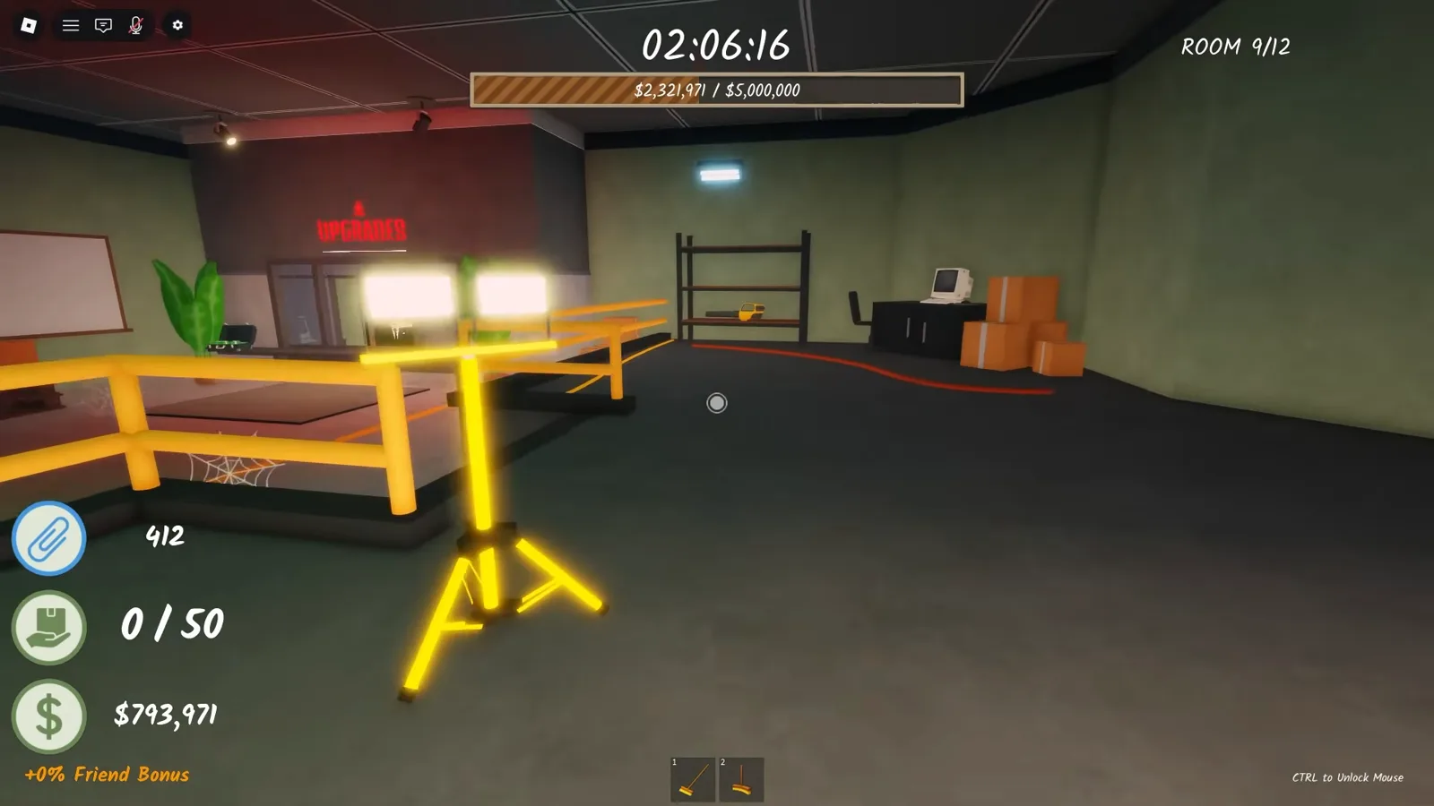 A glowing yellow ladder part waiting on the green floor of Shred the Secrets Room 9 beside a lit workbench with the red UPGRADER sign behind
