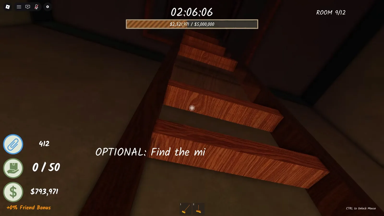 The OPTIONAL Find the missing parts banner stretched over the broken ladder steps in Shred the Secrets Room 9 before the attic repair