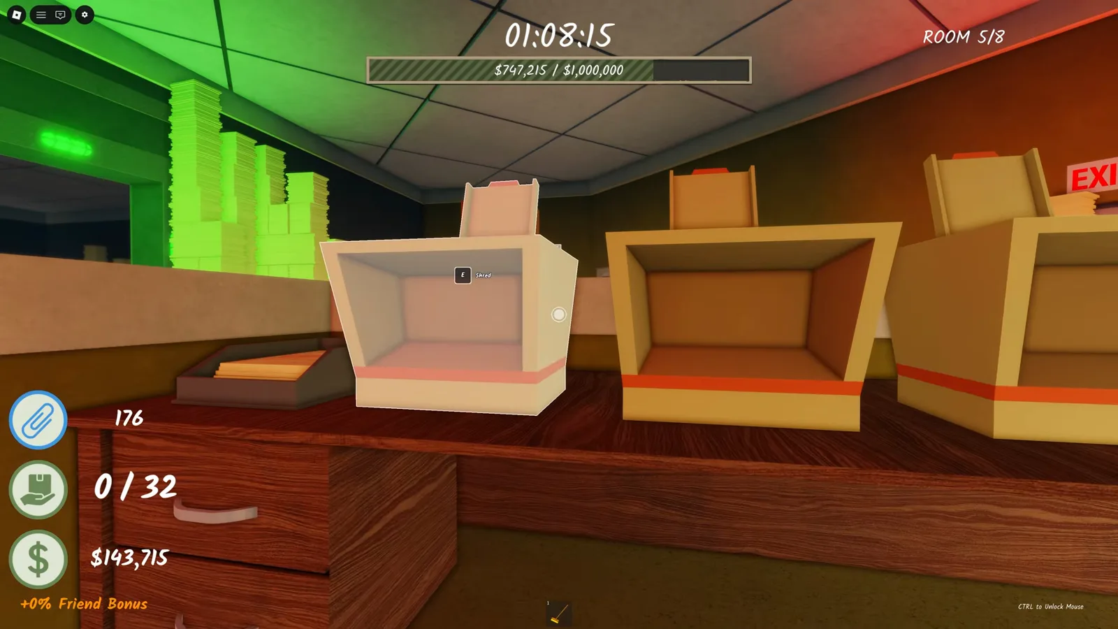 Room 5 in Shred the Secrets as the button hunt begins: ROOM 5/8 on the counter, green-lit paper towers and the upgrades desk across the floor