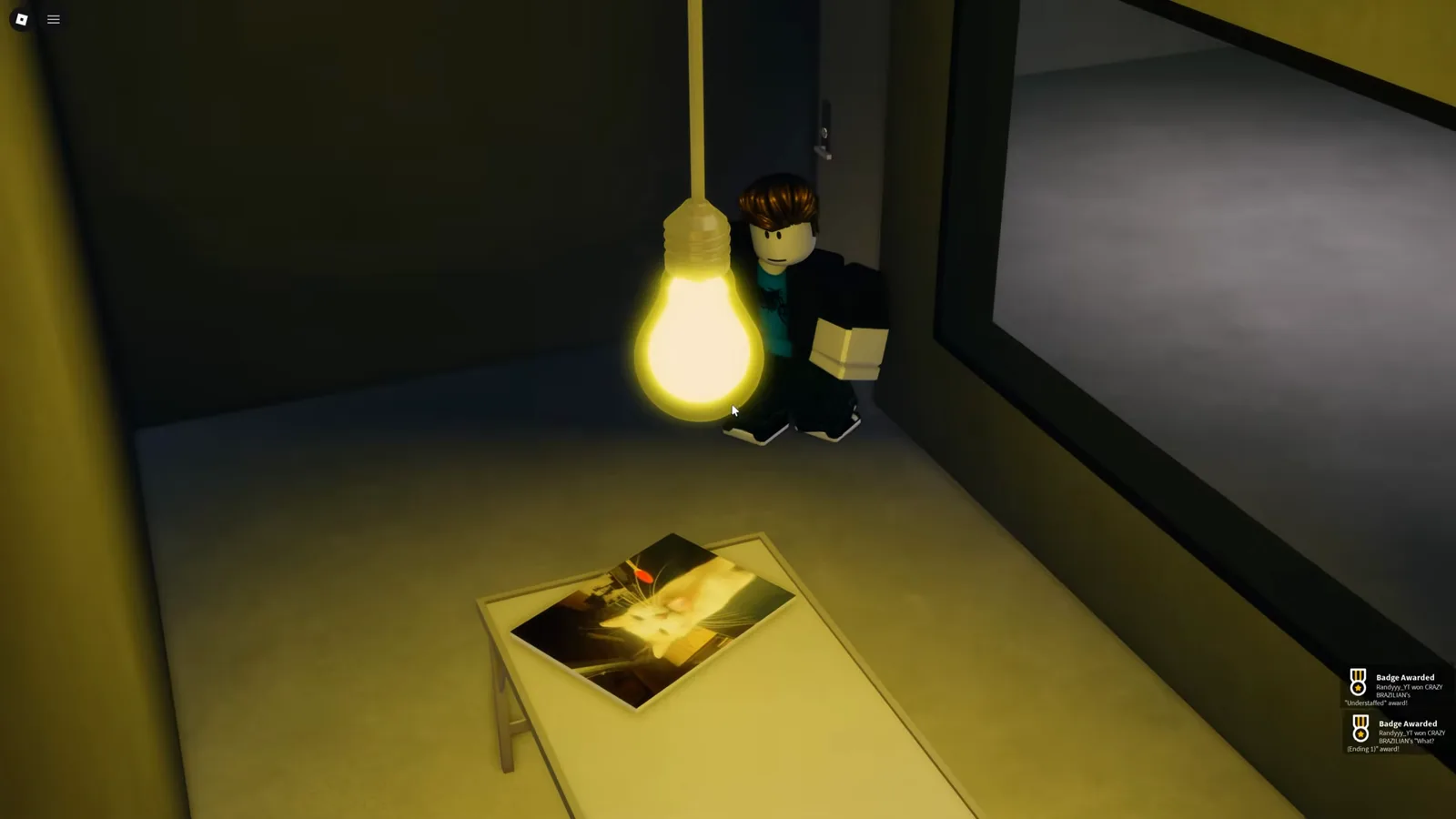 Ending 1 cutscene in Shred the Secrets with the player character standing under the bulb beside the document table while the Skip prompt waits in the corner