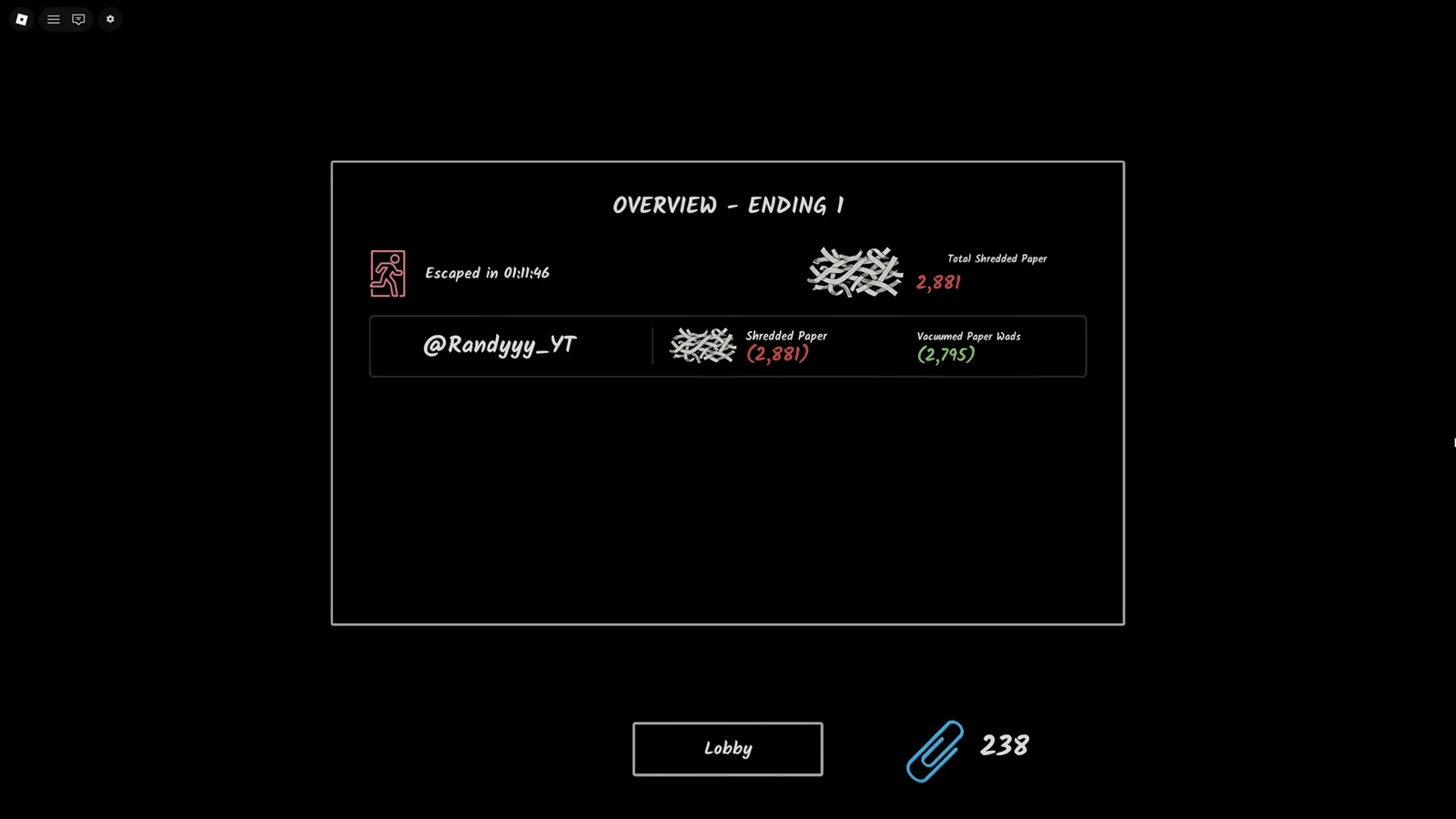 Run summary OVERVIEW - ENDING 1 screen in Shred the Secrets listing the escape time, total paper shredded and paperclips earned