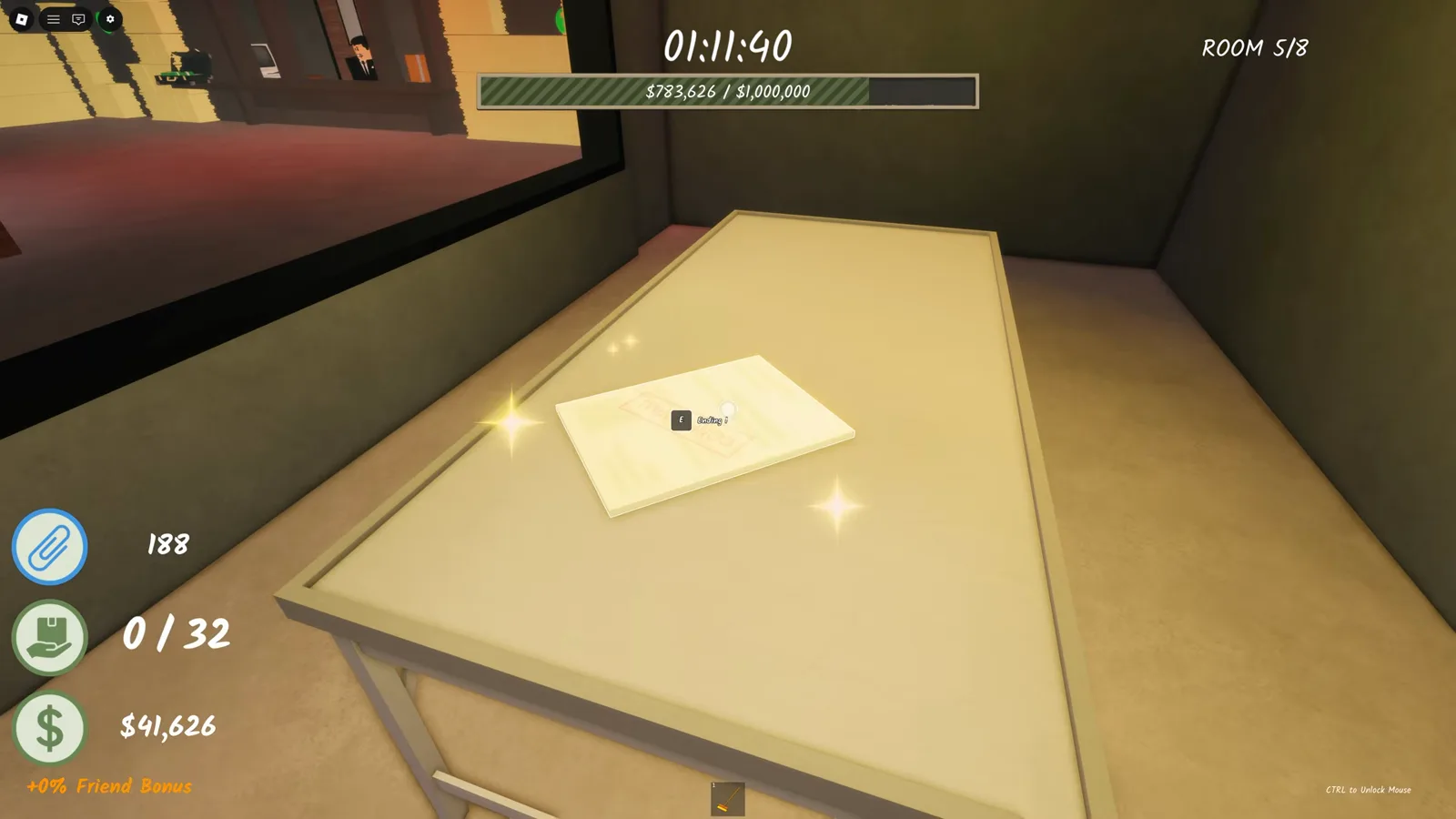 The golden secret document up close in Shred the Secrets, glittering on the metal table in the dark Room 5 annex before the ending cutscene