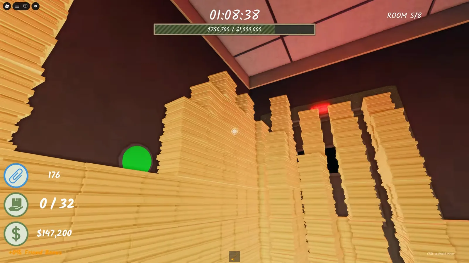 A round hidden button glowing green in the gap between two floor-to-ceiling paper columns in Shred the Secrets Room 5, with a red glow in the background