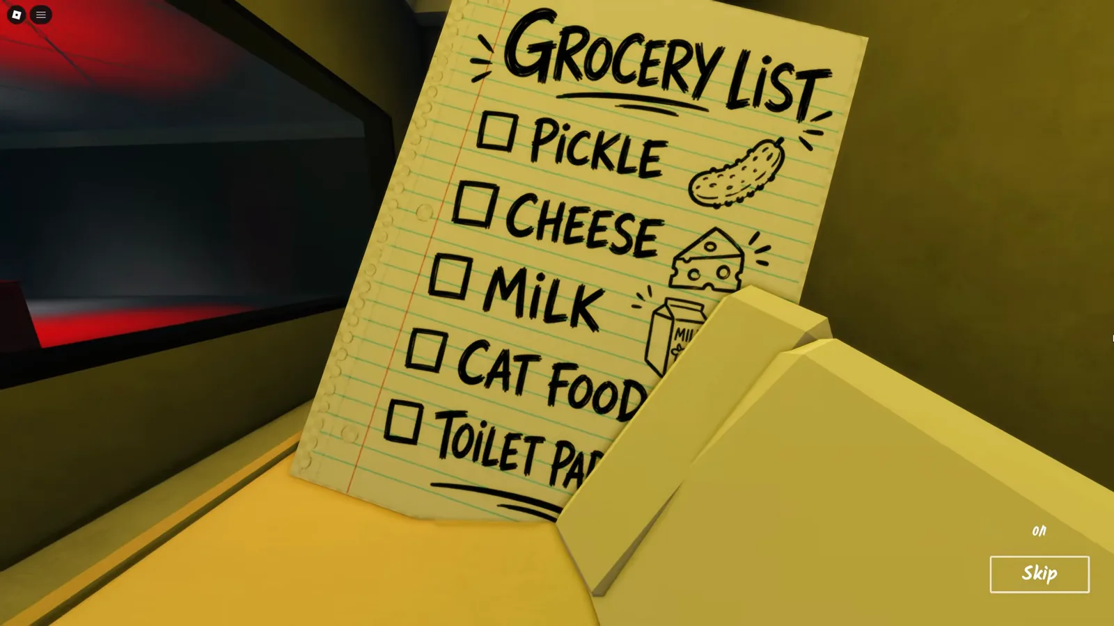 The Shred the Secrets secret file unrolled into a handwritten grocery list of pickle, cheese, milk, cat food and toilet paper, each item with a checkbox