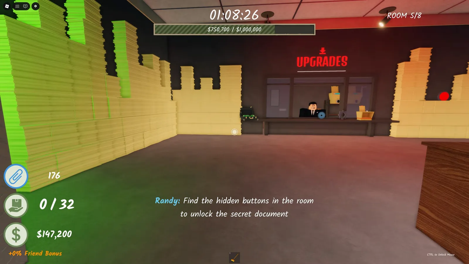 The Shred the Secrets hint telling you to find the hidden buttons in the room to unlock the secret document, printed as a chat line in the Room 5 paper maze