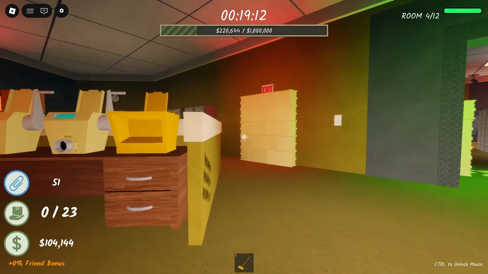 Glowing door with a red EXIT sign tucked behind a floor-to-ceiling paper stack in Shred the Secrets Room 4