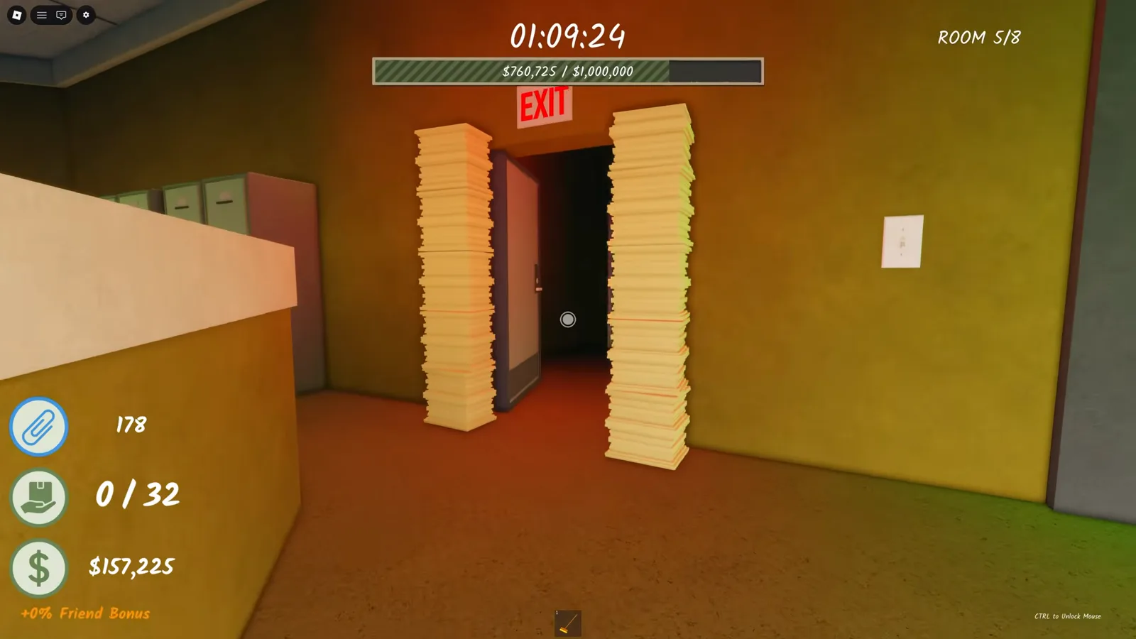 Fake exit standing open in Shred the Secrets: red EXIT sign over a dark doorway flanked by two tall paper stacks