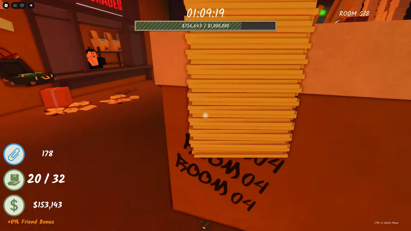 Counter tagged ROOM 04 in black marker beside the upgrades window in Shred the Secrets, with a paper stack in front of it