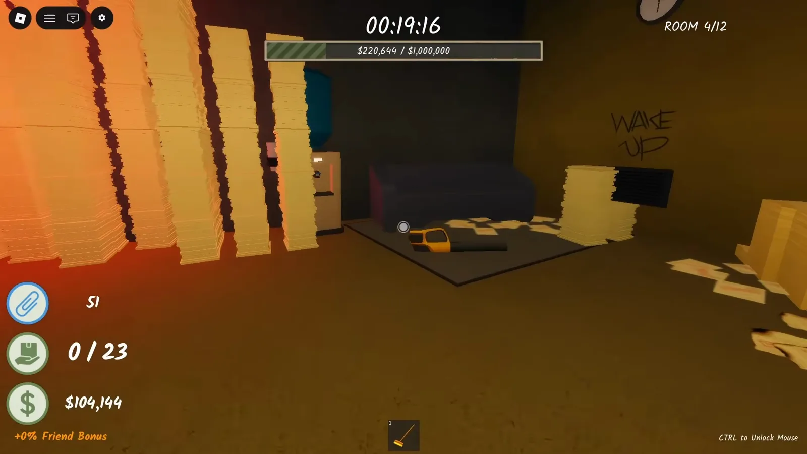 Dark back corner of Shred the Secrets Room 4 with red-lit paper columns, a blue bin and WAKE UP graffiti above a sofa
