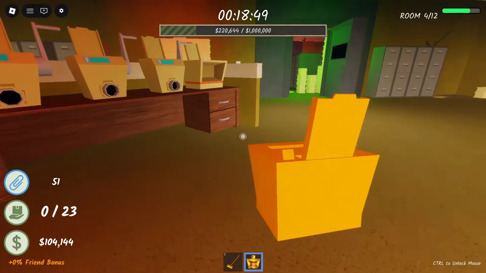 Room 4 office in Shred the Secrets with the yellow shredder row on wooden desks and the green onward doorway across the floor