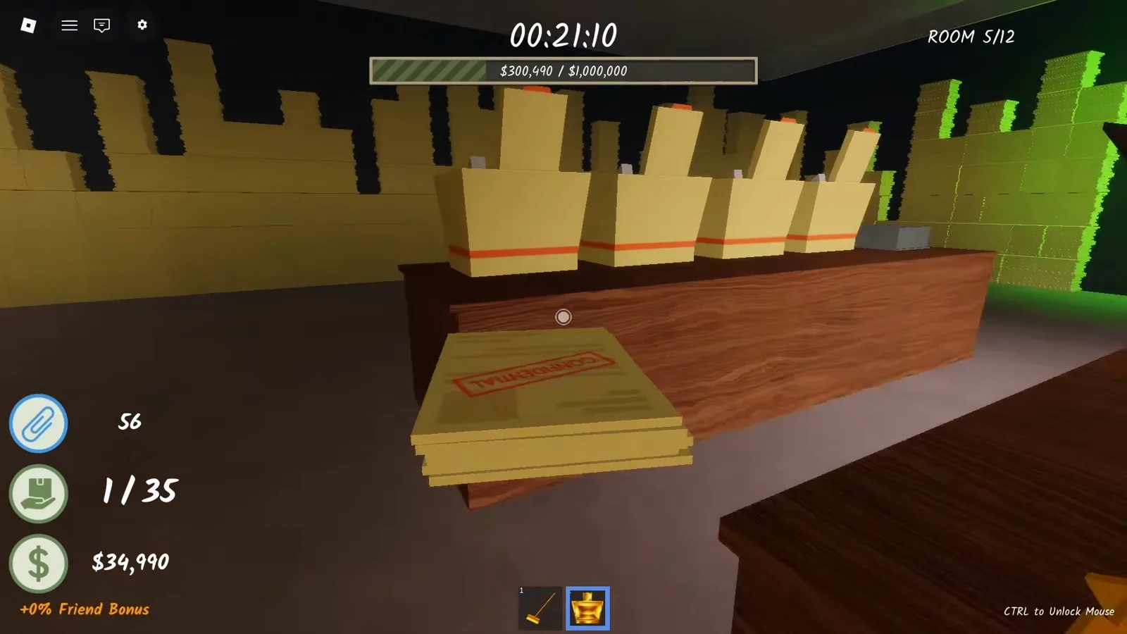 Room 5 paper towers under green light in Shred the Secrets right after leaving Room 4 behind
