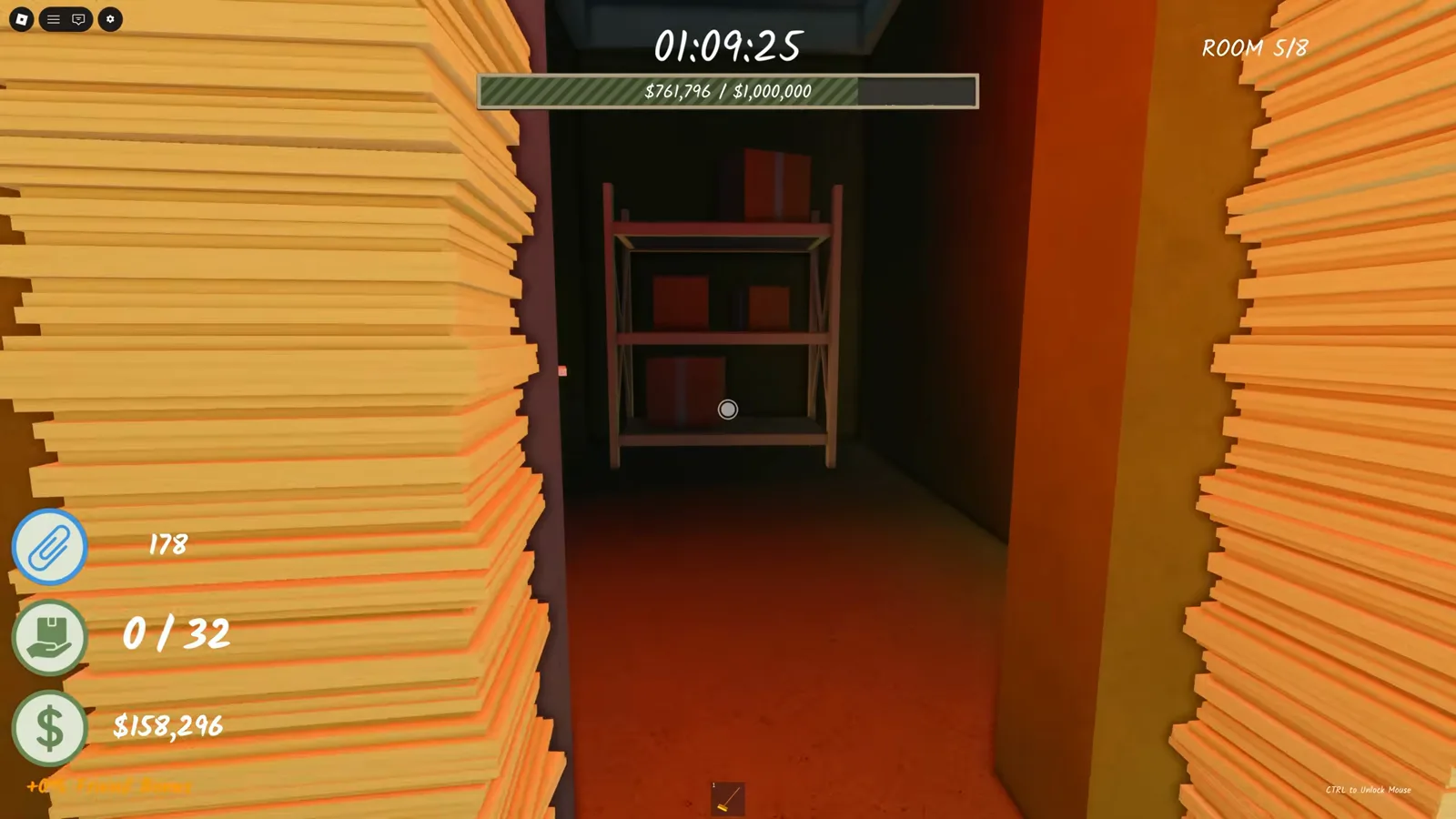 Inside the Shred the Secrets fake exit: a small storage closet with a metal shelf of red boxes behind the open door