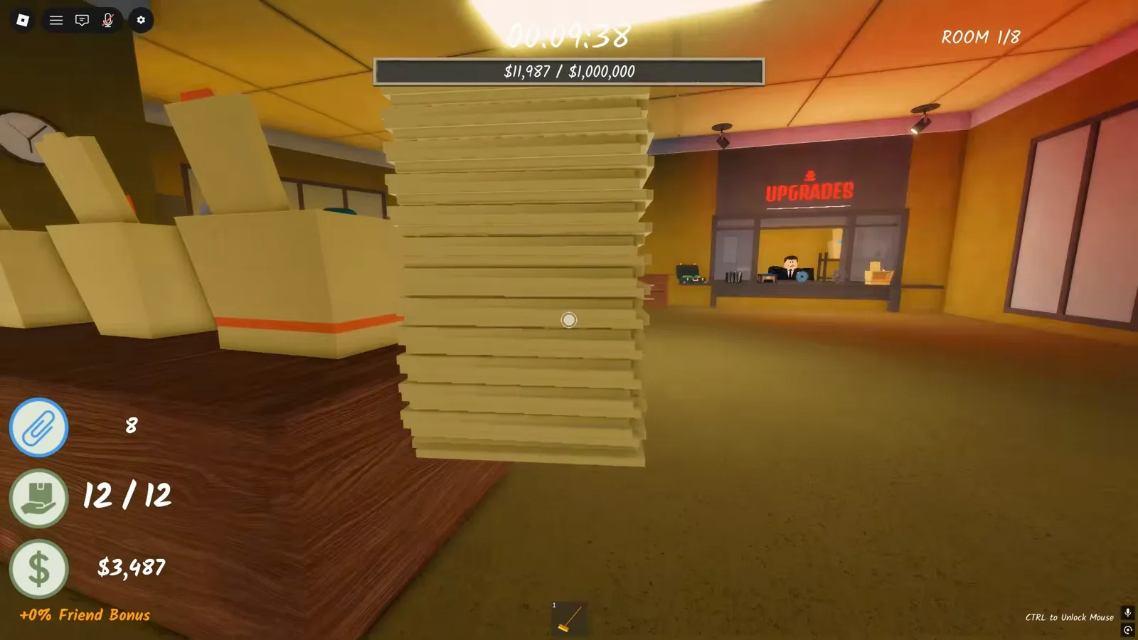Carrying a full 12 out of 12 document stack toward the UPGRADES booth in Shred the Secrets after raising Carry Amount