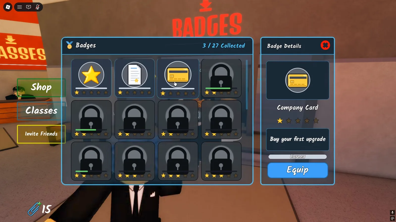 The Shred the Secrets badges menu with the Company Card badge earned for buying your first upgrade