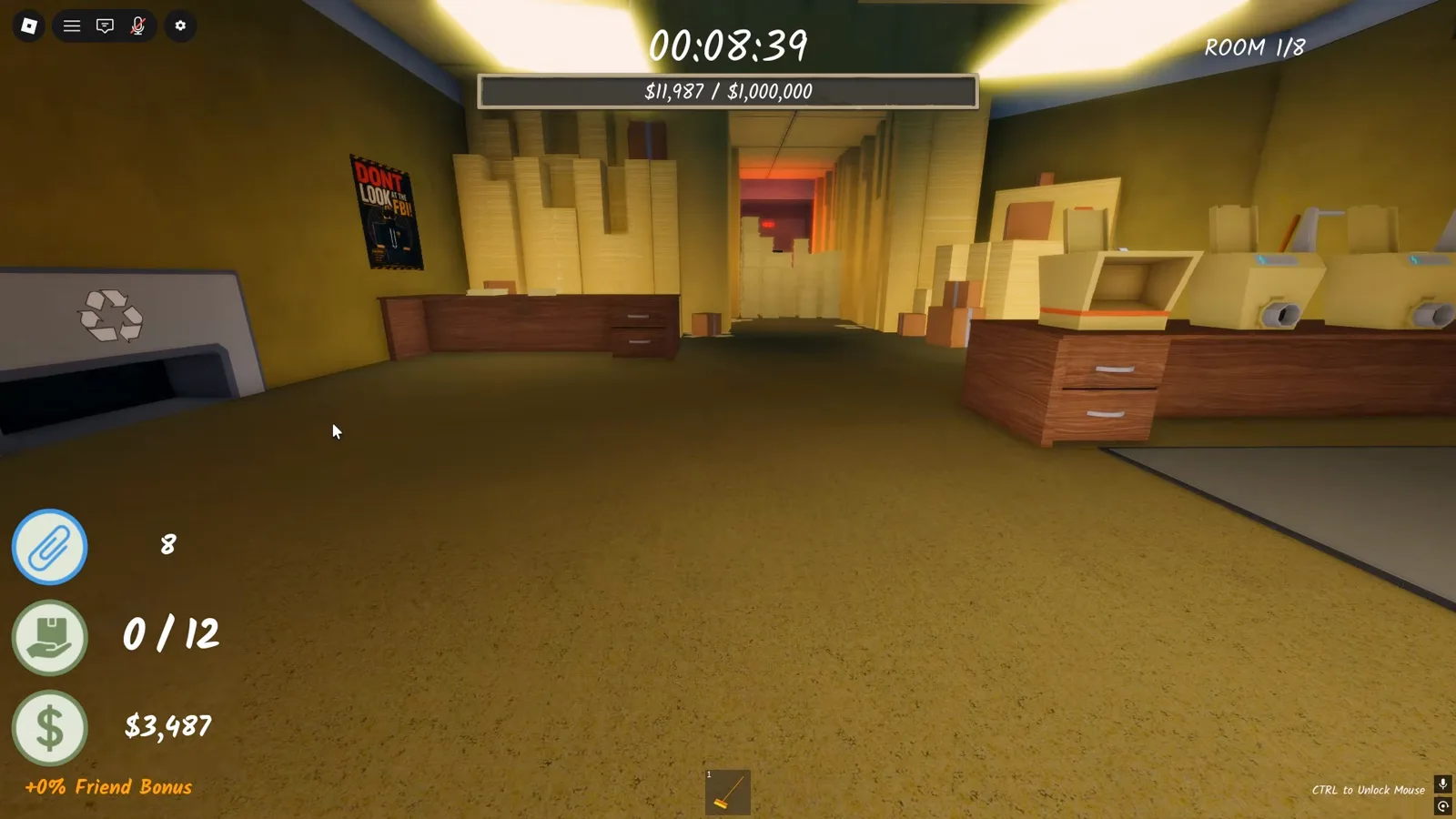 The Shred the Secrets Room 1 HUD showing the 11987 of 1000000 cash goal bar above the office floor