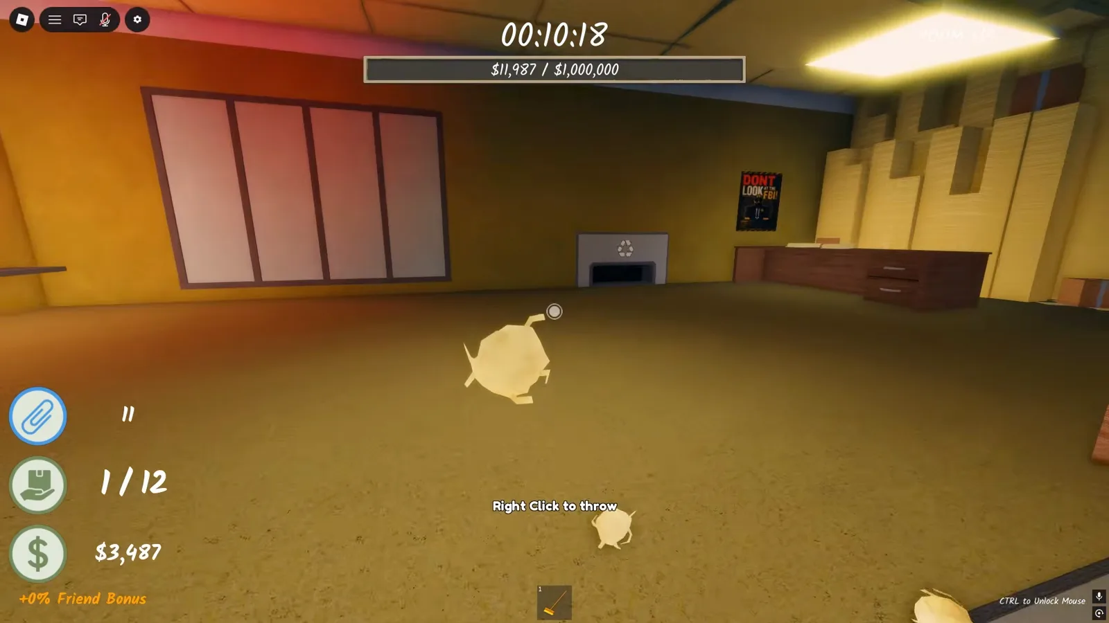 Throwing a crumpled paper ball across the office carpet in Shred the Secrets with the Right Click to throw prompt