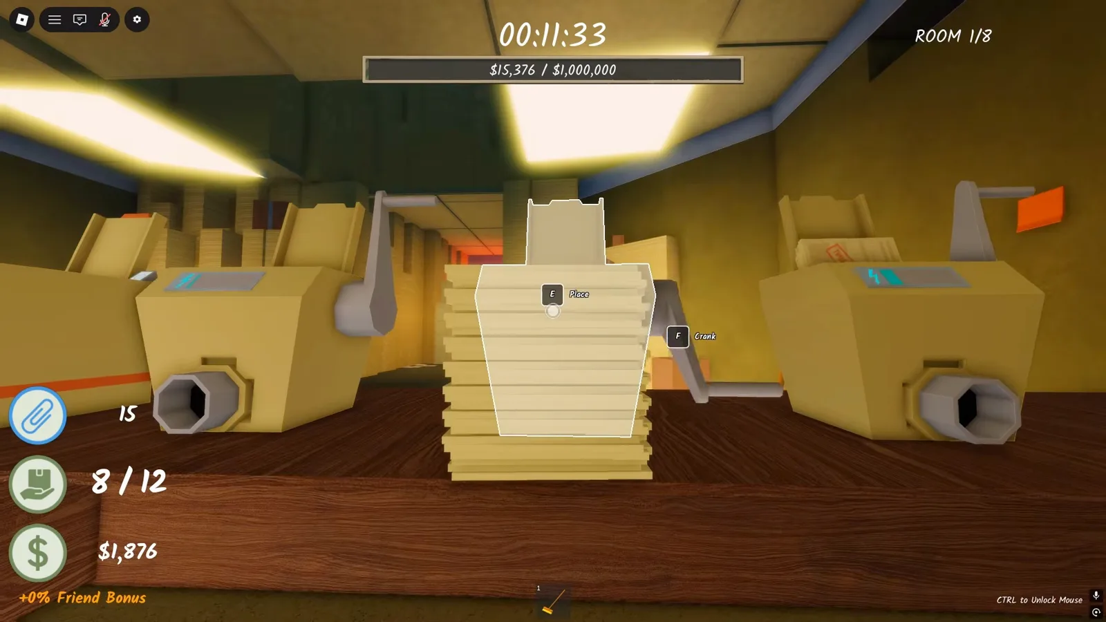 Placing documents between two shredders in Shred the Secrets with the E Place and F Crank prompts visible