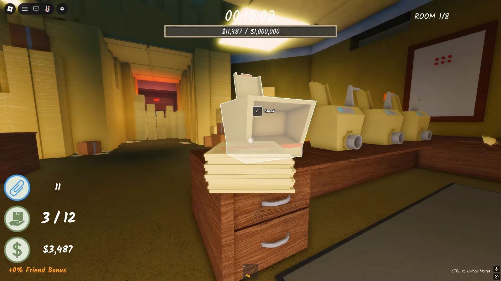 Feeding a document stack into a Shred the Secrets shredder hopper showing the E Shred prompt
