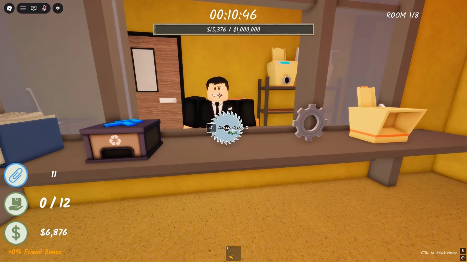 The upgrade booth counter in Shred the Secrets displaying a blue saw blade and gear for Shredder Speed