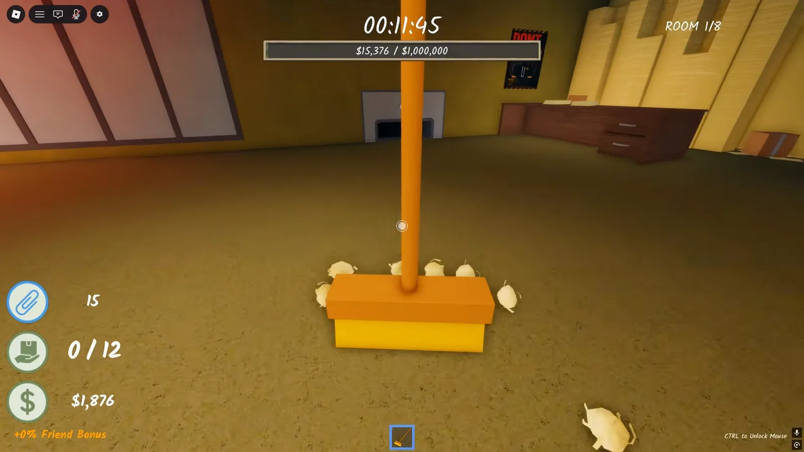 Sweeping crumpled paper balls with the orange broom in Shred the Secrets, the tool Vacuum Power improves