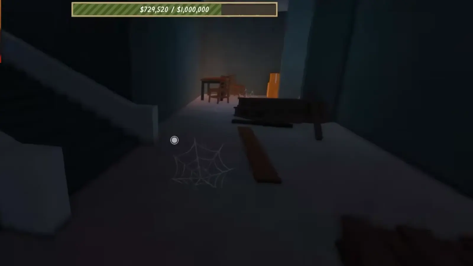 The dark cobwebbed basement corridor of Shred the Secrets after breaking through the boarded door with the crowbar The dark cobwebbed basement corridor of Shred the Secrets after breaking through the boarded door with the crowbar