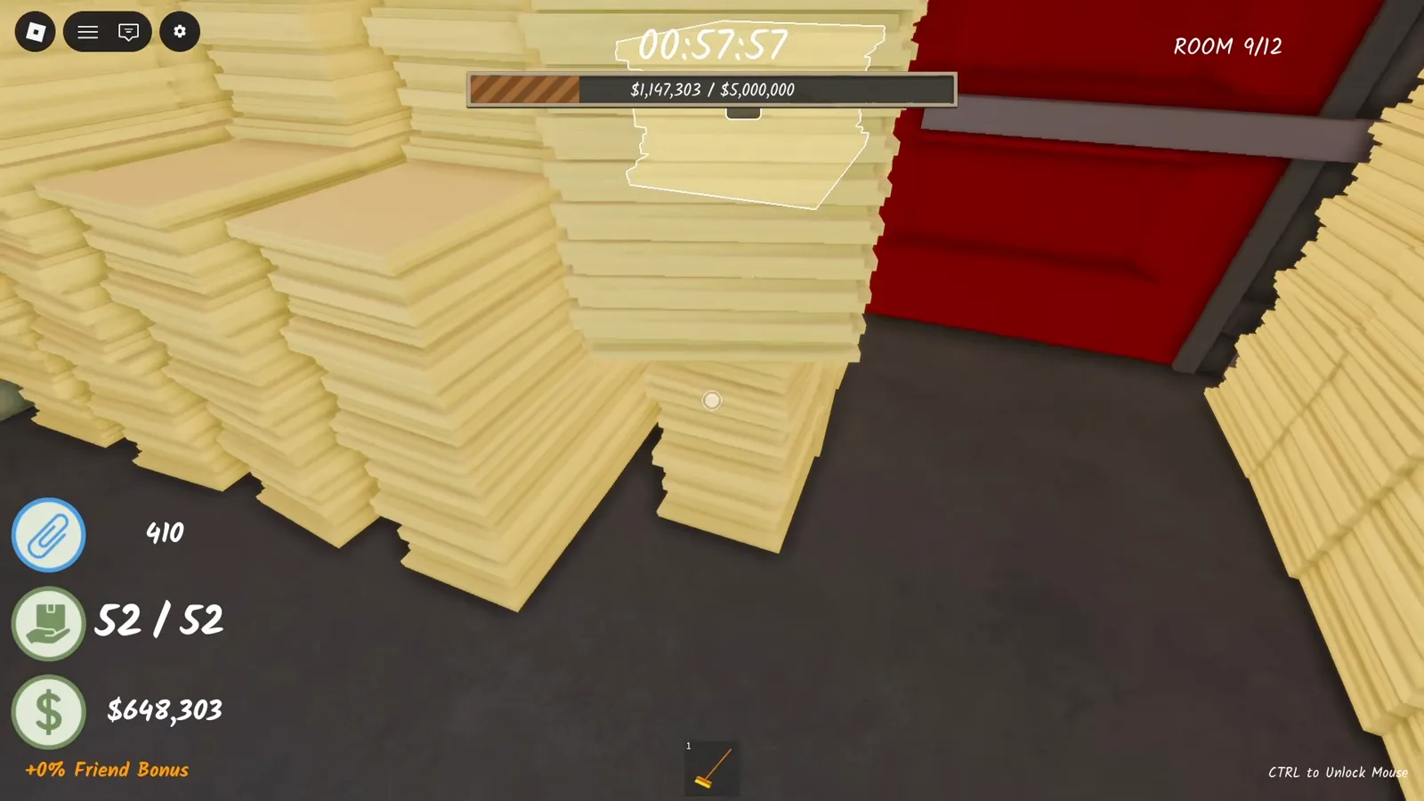 The Shred the Secrets HUD showing 52 of 52 documents collected in Room 9 of 12 next to a red exit door