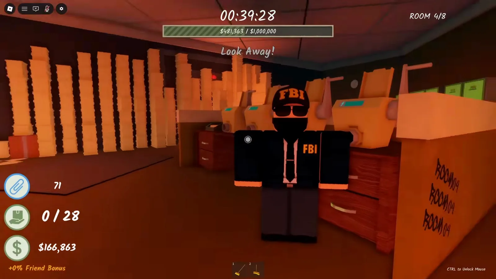 An FBI agent blocking the corridor in Shred the Secrets Room 4 while the Look Away warning flashes above him An FBI agent blocking the corridor in Shred the Secrets Room 4 while the Look Away warning flashes above him
