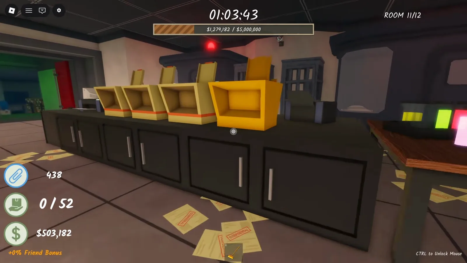 The Mesa Corp offices in Shred the Secrets Room 11 of 12 with shredders lined on a counter and confidential documents scattered on the floor