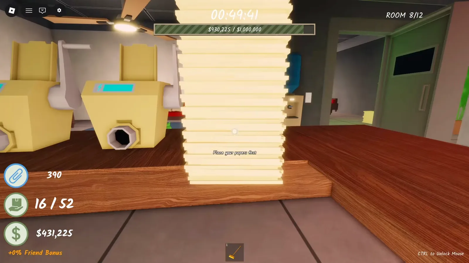 Shred the Secrets Room 8 of 12 with a towering paper stack between two shredders and the documents counter at 16 of 52
