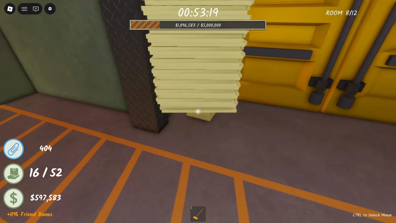 The yellow double doors at the exit of Shred the Secrets Room 8 with WARNING tape on the floor and a five million dollar goal bar
