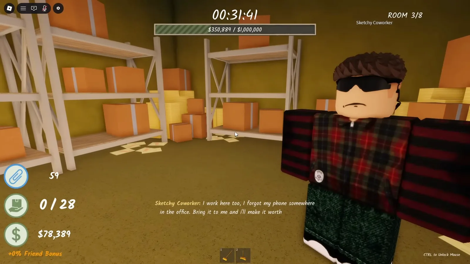The Sketchy Coworker NPC in Shred the Secrets Room 3 asking the player to find his forgotten phone in the office The Sketchy Coworker NPC in Shred the Secrets Room 3 asking the player to find his forgotten phone in the office