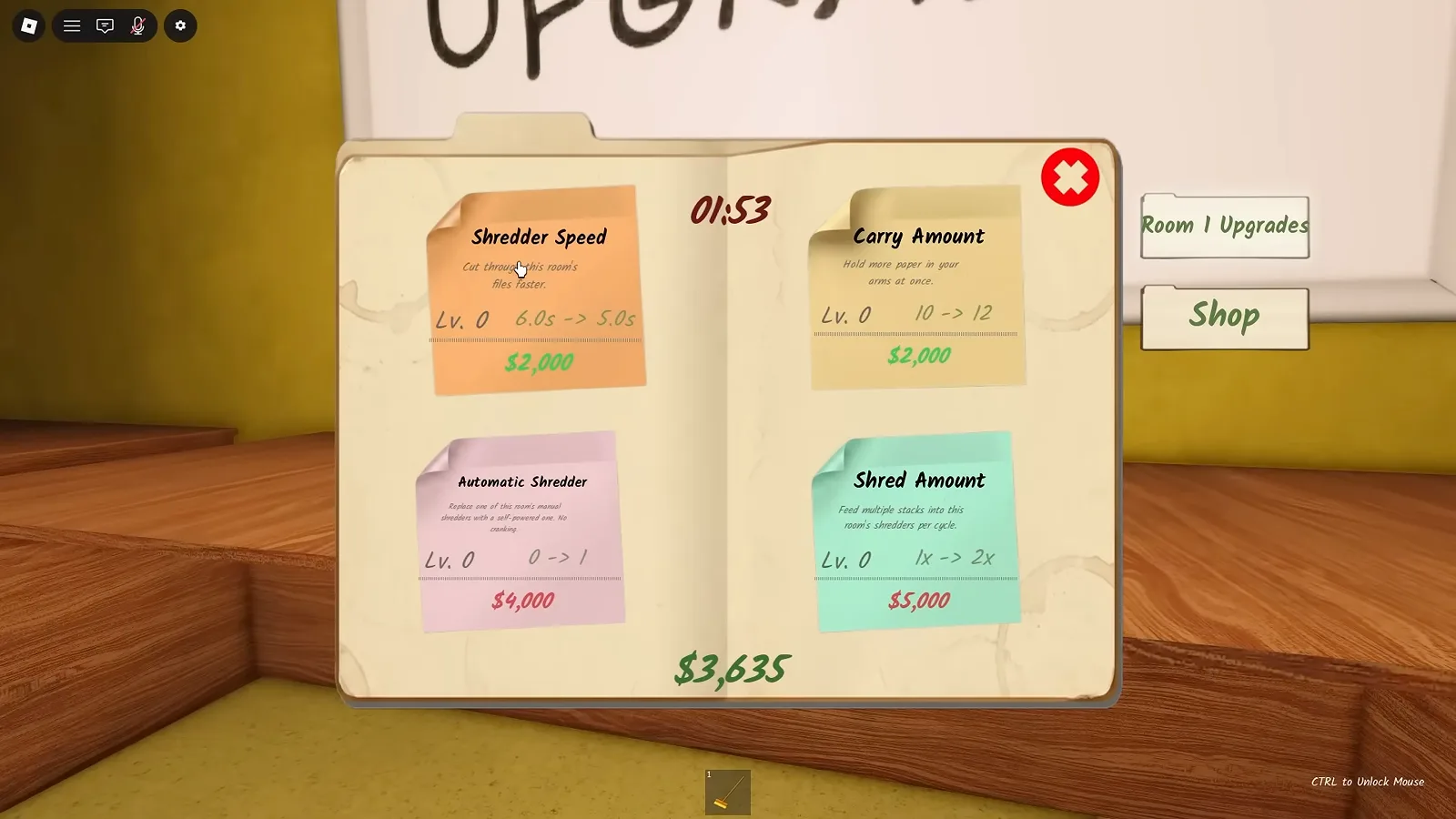 Shred the Secrets Room 1 upgrade shop menu listing Shredder Speed, Carry Amount, Automatic Shredder and Shred Amount prices Shred the Secrets Room 1 upgrade shop menu listing Shredder Speed, Carry Amount, Automatic Shredder and Shred Amount prices