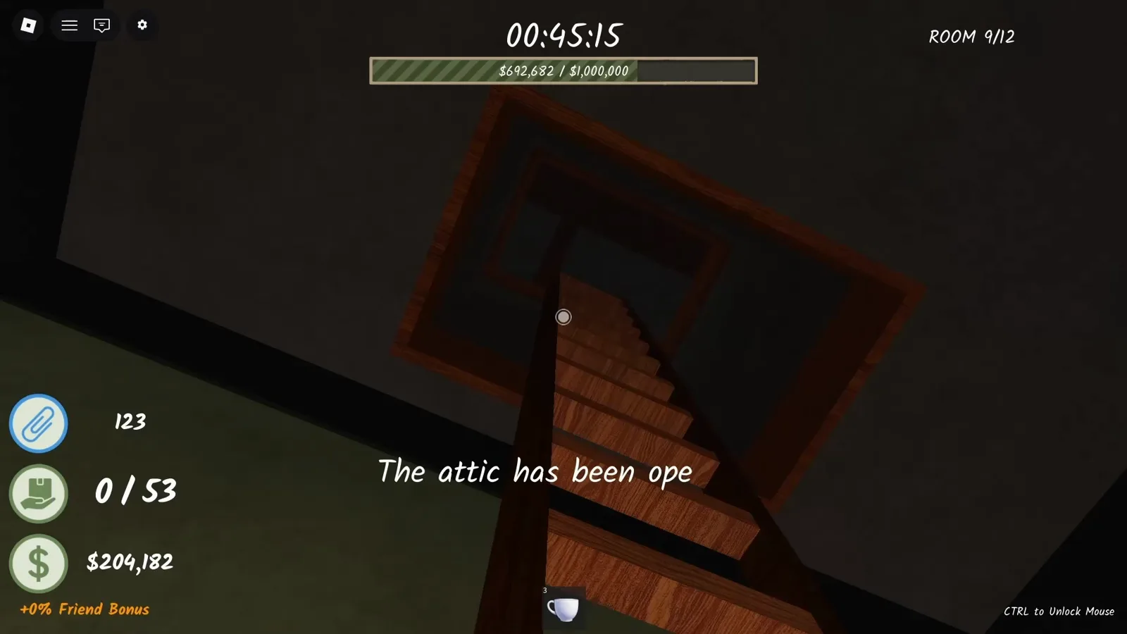 The attic has been opened message over the wooden attic stairs in Shred the Secrets Room 9 after repairing the ladder