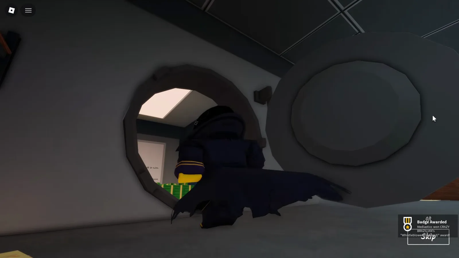 Badge Awarded toast for Whistleblower (Ending 3) popping as the player steps through the open Shred the Secrets bank vault door