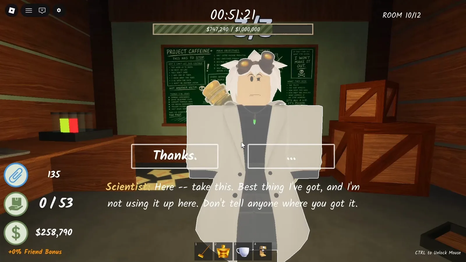 Mad Scientist NPC under the PROJECT CAFFEINE chalkboard in the Shred the Secrets attic handing over his quest reward