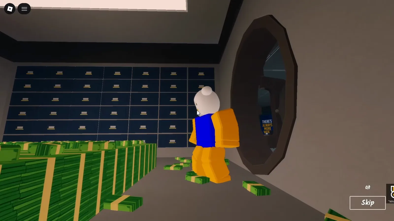 Inside the opened Shred the Secrets bank vault: walls of deposit boxes, stacks of cash and the player beside the vault door