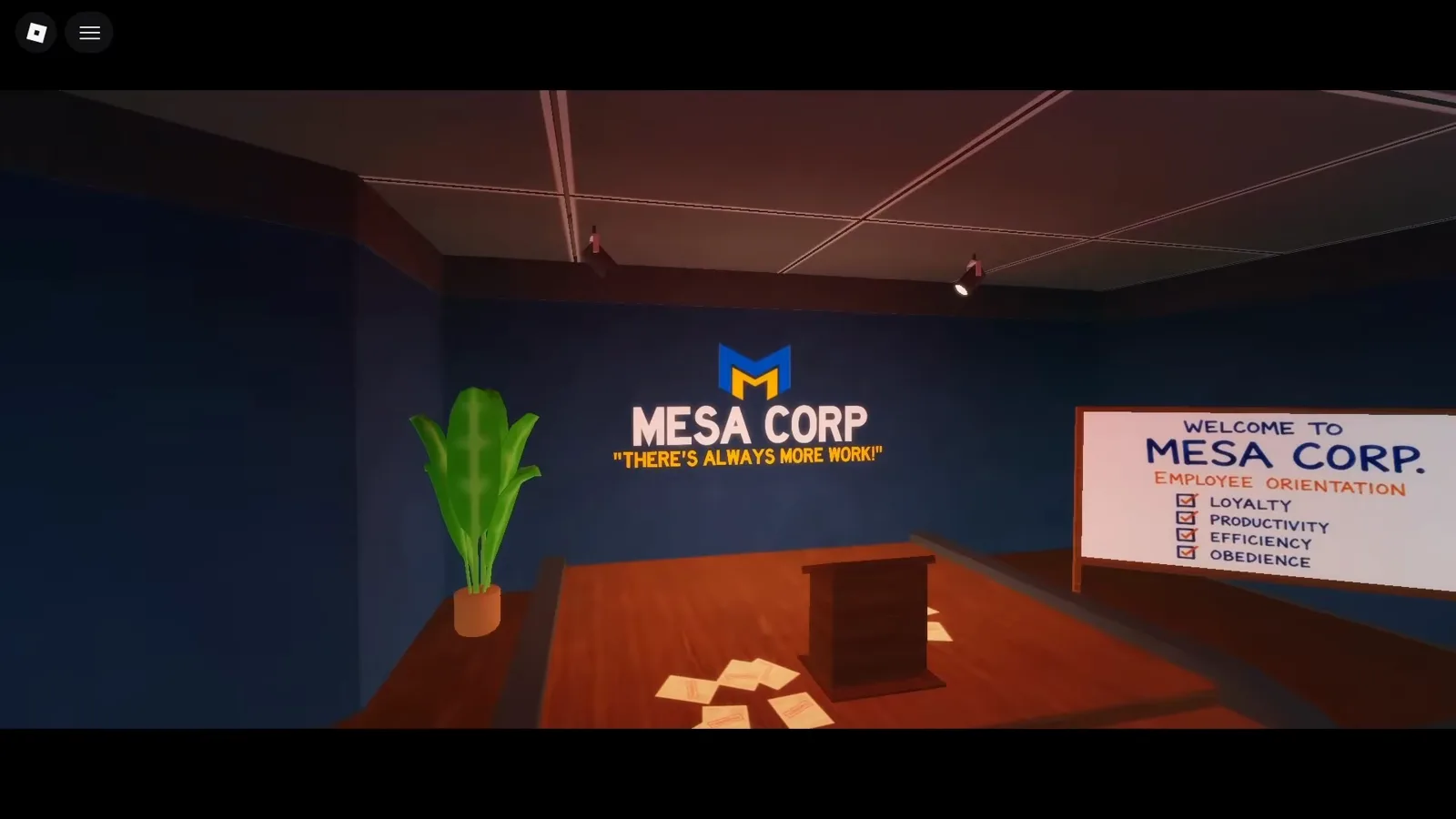 MESA CORP logo wall and WELCOME TO MESA CORP employee orientation board in Shred the Secrets Room 11