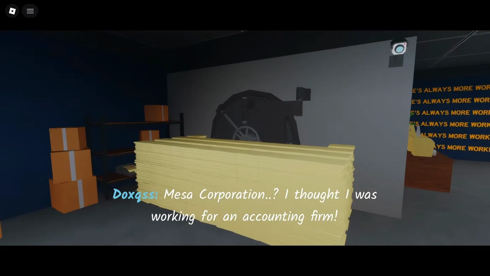Bank vault wheel hiding behind a tower of paper in the Shred the Secrets Room 12 boardroom with the accounting firm dialogue