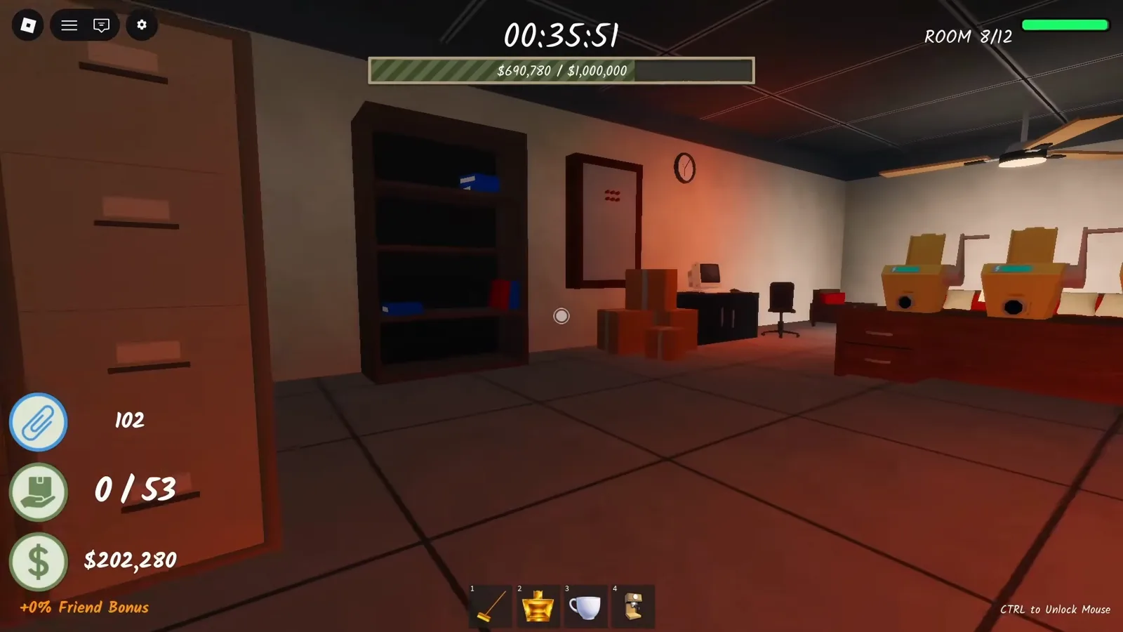 Shred the Secrets Room 8 of 12 with the $5,000,000 room goal bar at $202,280 over a red-lit office full of shredders
